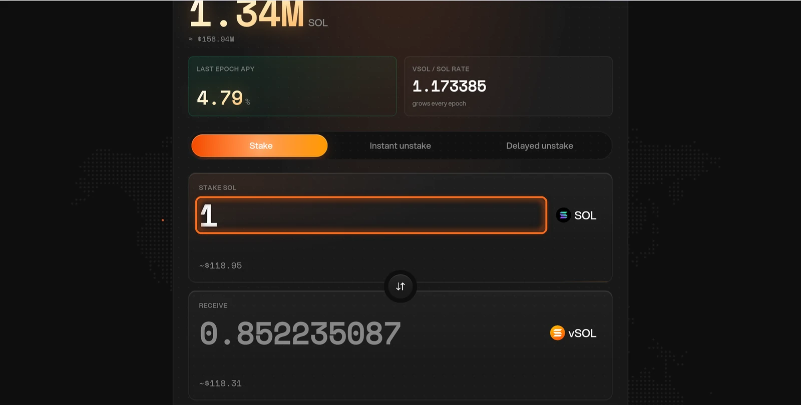 SOL amount field with the vSOL you receive