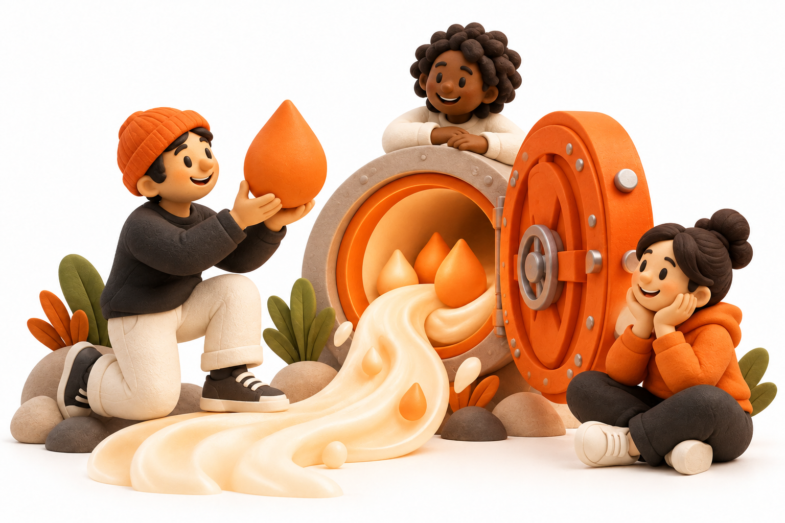 Banner: A person holds a plain orange liquid droplet token beside a small open vault and a flowing ribbon of cream water, representing liquid staking.
