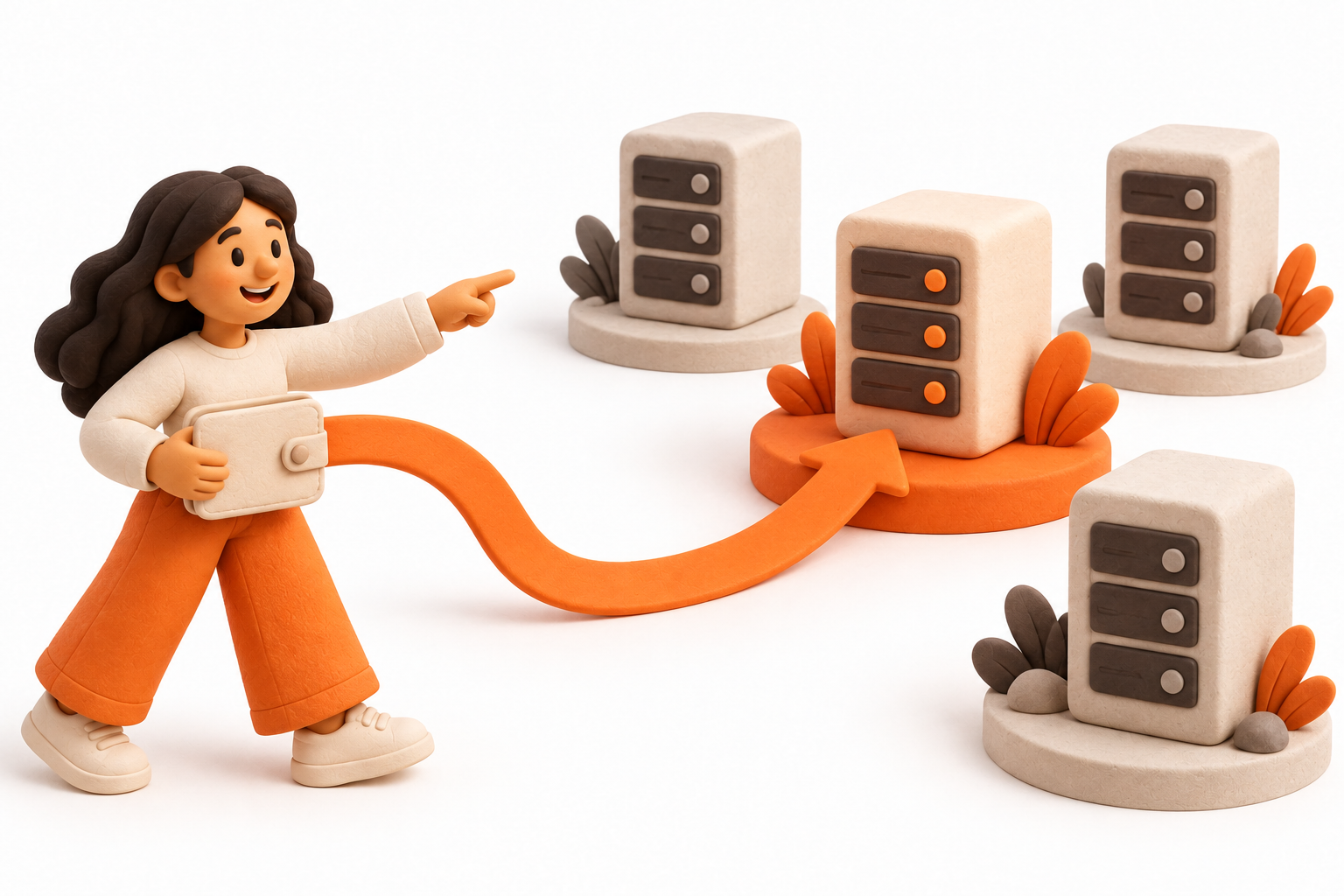 Banner: A person directs a single clean orange path from their cream wallet to one selected server tower among several, symbolizing choosing a validator.