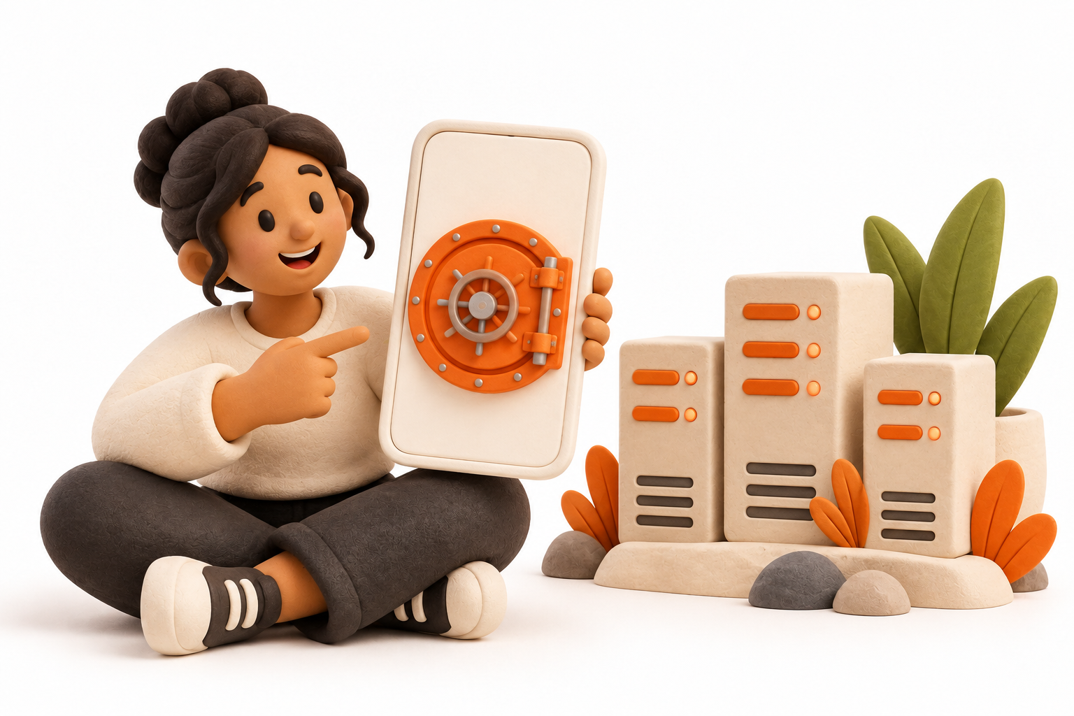 Banner: An operator holds a cream phone with a miniature orange vault door on its blank display, beside three small server towers.