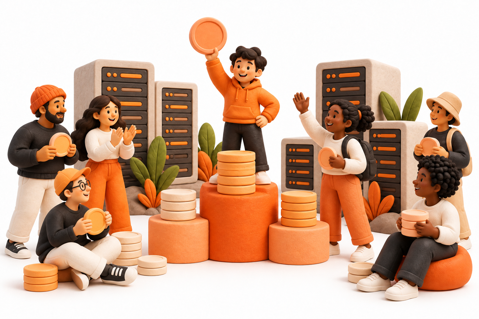 Banner: Several operators stand beside server towers with different-sized plain token stacks, with a modest orange podium highlighting community-directed staking participation.