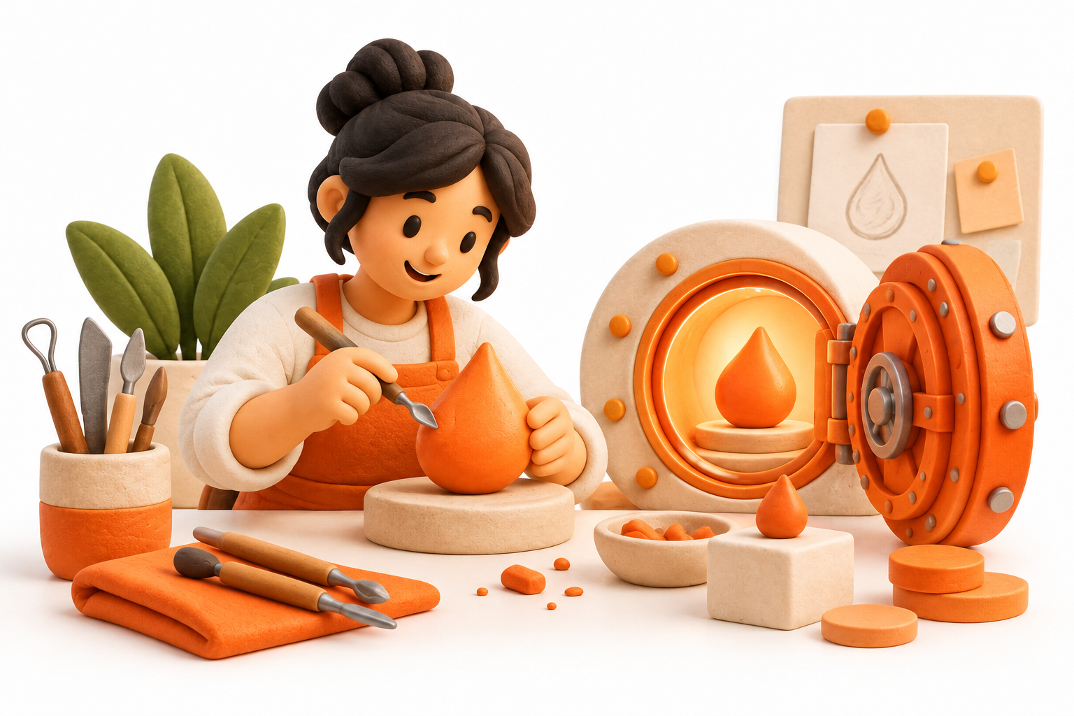 Banner: A creator sculpts a custom orange liquid droplet token at a cream workbench beside a small vault module and tools.
