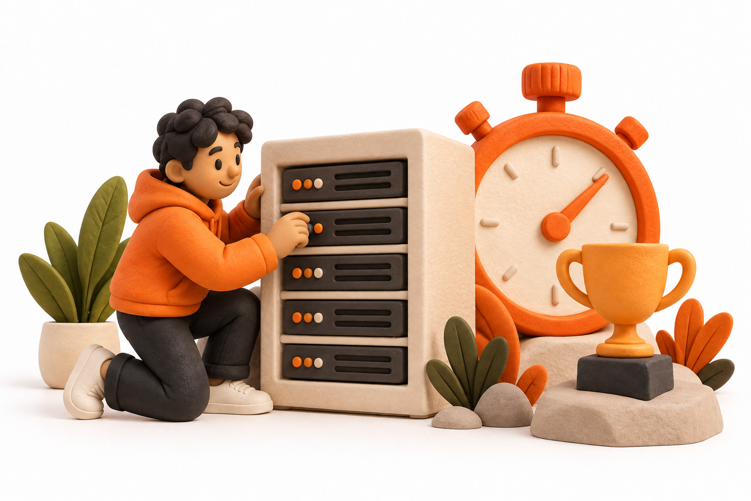 Banner: An attentive operator tunes a cream server rack next to an orange stopwatch sculpture and a modest trophy, representing reliable validator performance.