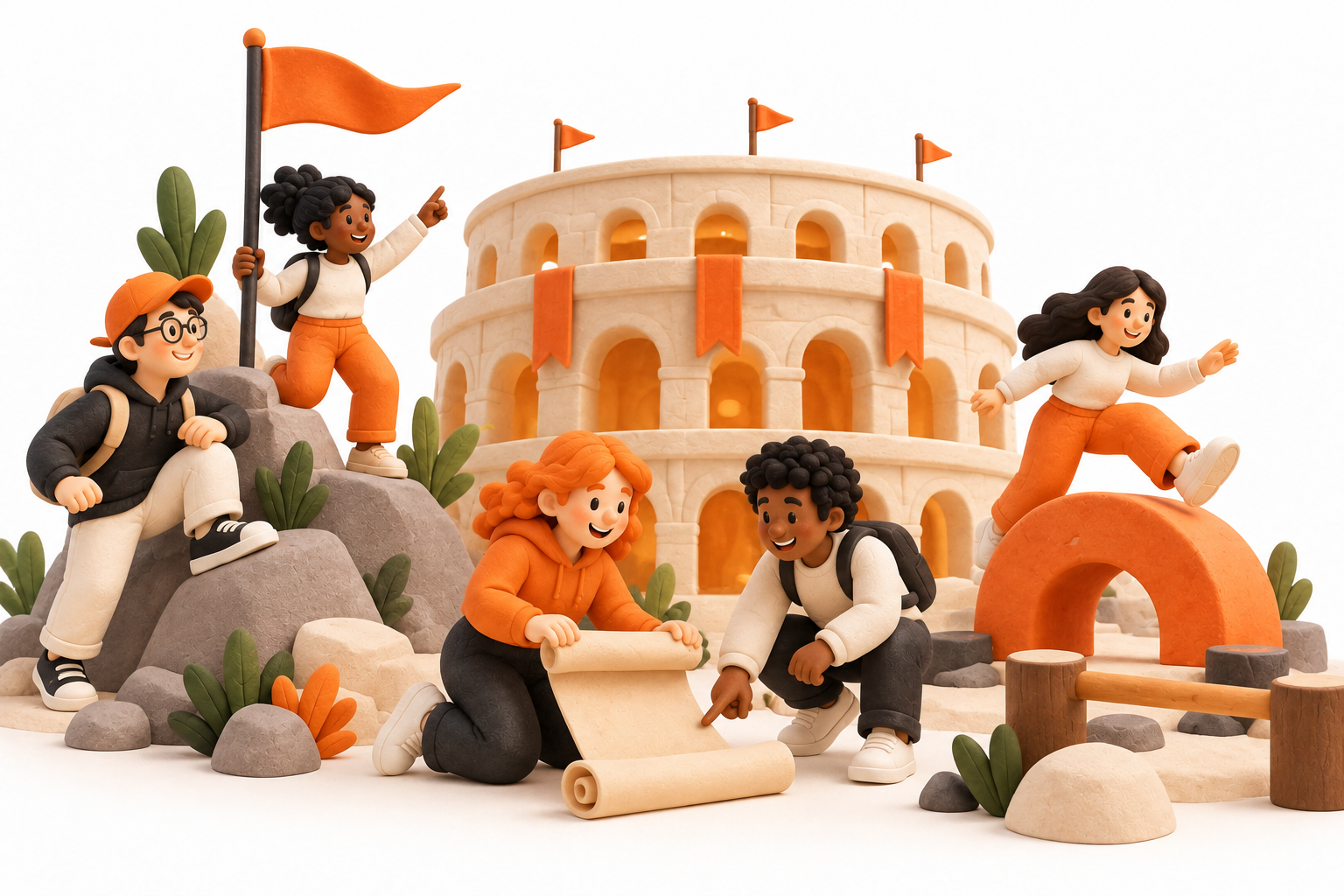 Banner: Friendly adventurers in everyday orange and cream outfits gather at a small Roman-style cream arena.