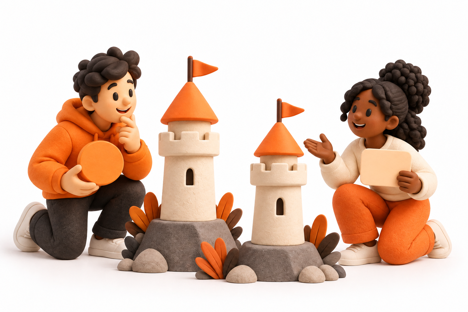 Banner: A guide and staker compare two small cream validator towers while holding a plain orange token and a blank question-card.