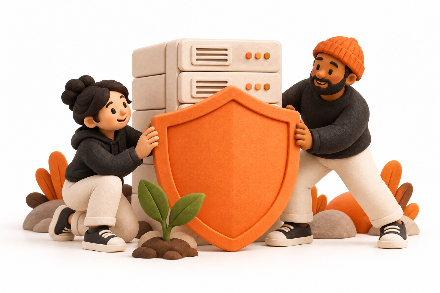 Banner: Two validator operators shelter a tidy cream server rack behind a large plain orange shield while a small plant grows nearby, expressing resilience and support.