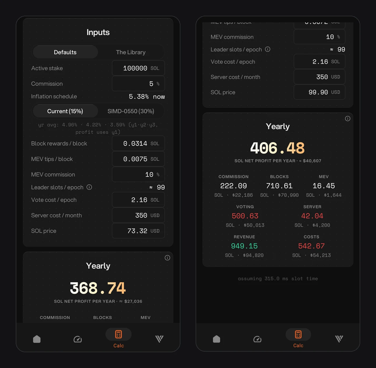 Calc tab: inputs with the inflation schedule toggle, and the yearly profit result
