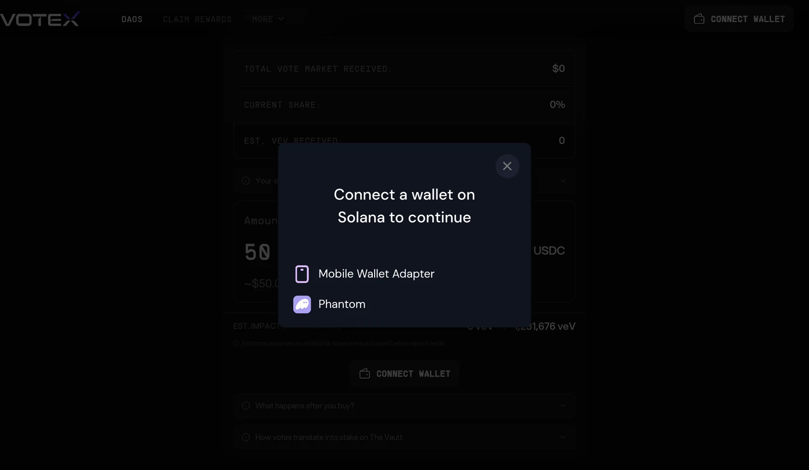 Votex wallet connection