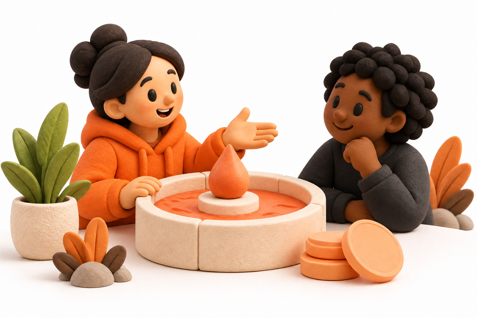 Banner: A friendly guide explains a small cream pool model to a participant, with an orange droplet and a plain token disc on a table.