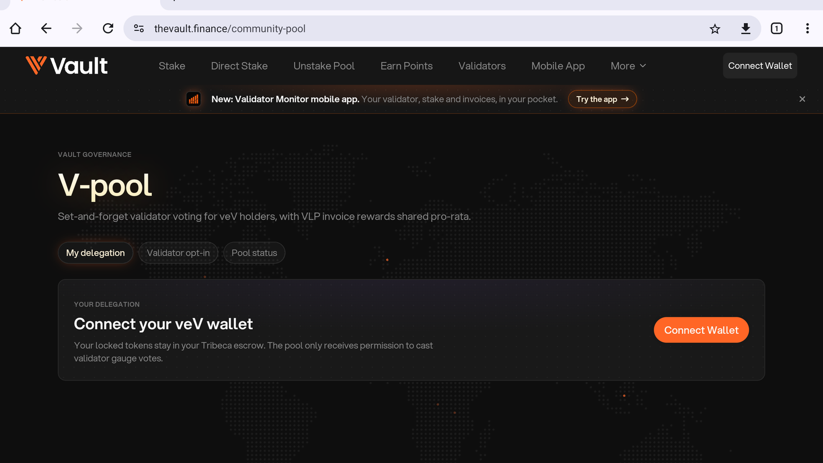My delegation on the Community Pool website before connecting a veV wallet.