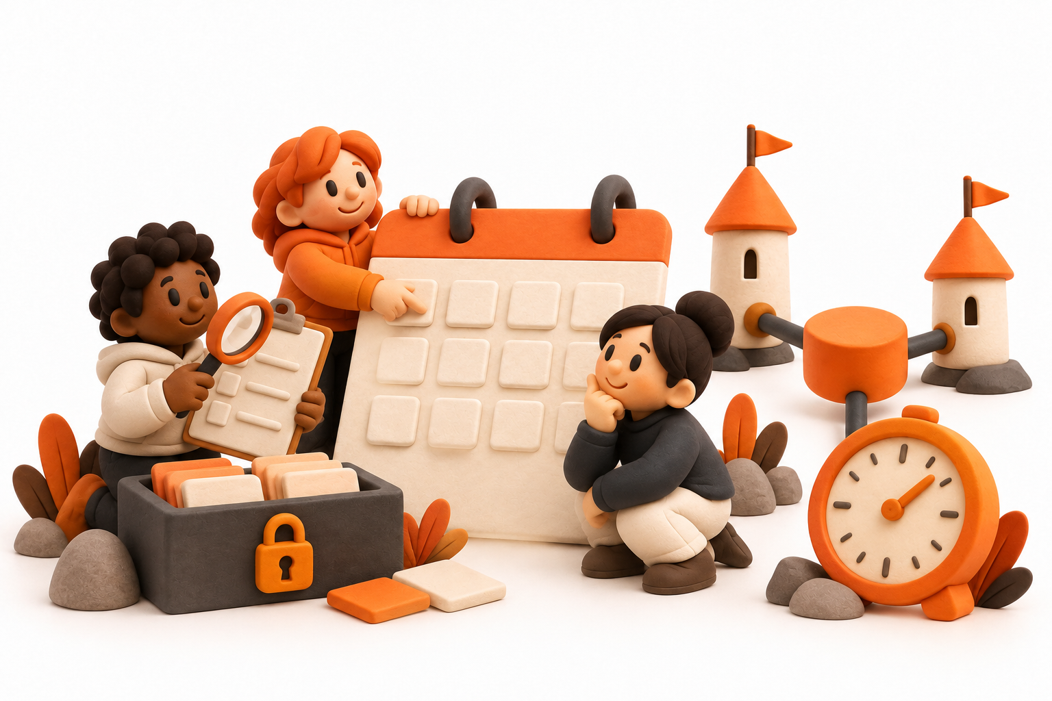 Banner: Community members inspect a blank calendar, locked token tray and checklist beside an orange clock and connected validator towers.