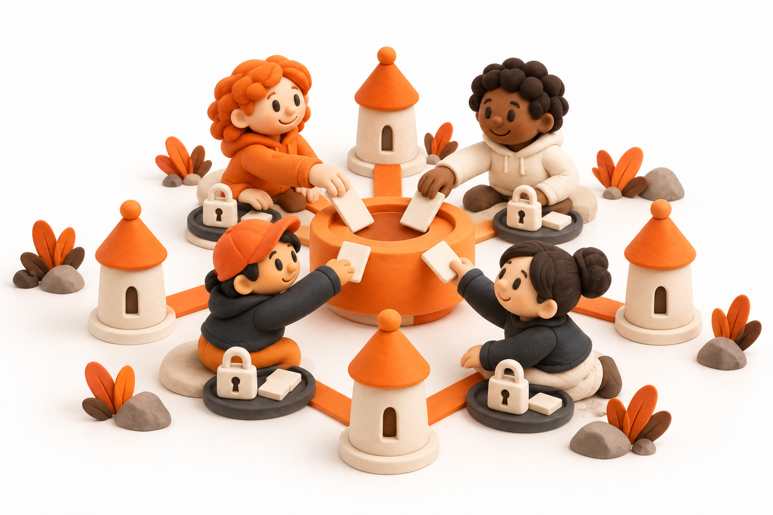 Banner: Community members place blank voting tiles in a shared orange hub linked equally to cream validator towers, while their own token trays remain locked.