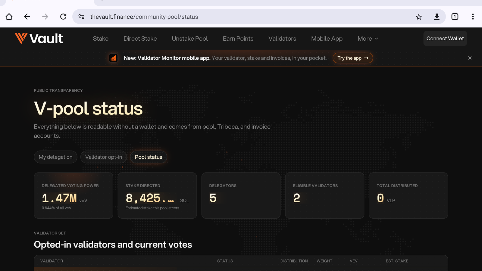 The public V-pool status page with delegated veV, estimated stake, delegators, eligible validators and total distributed VLP.