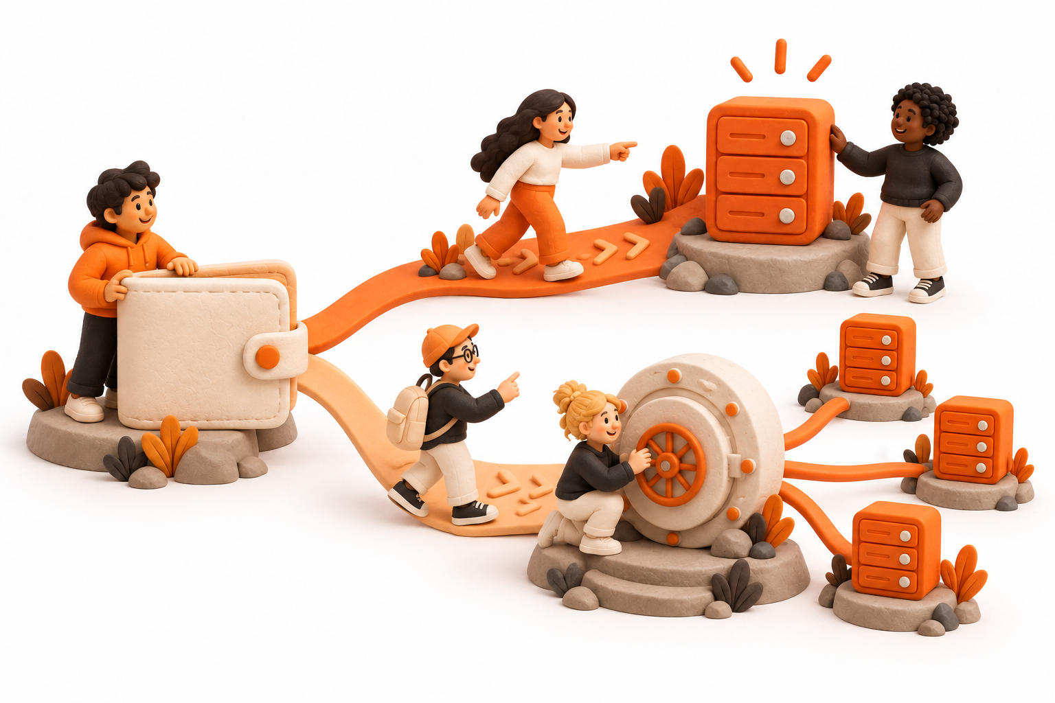 Banner: One cream wallet branches into two miniature paths: one leads straight to a chosen orange-accented server, the other to a cream vault connected to multiple servers.