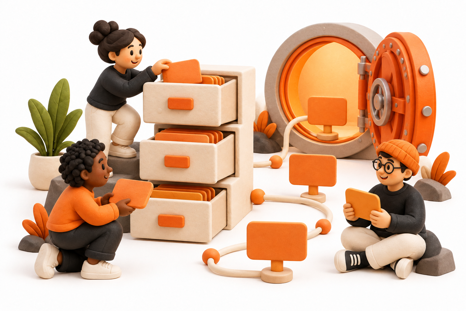 Banner: A careful archivist organizing three cream index-card drawers, a small vault door and blank orange address cards connected by thin sculptural paths.