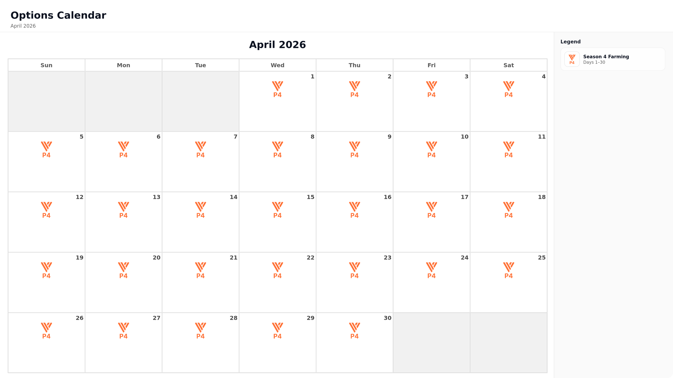 Options calendar for April 2026
