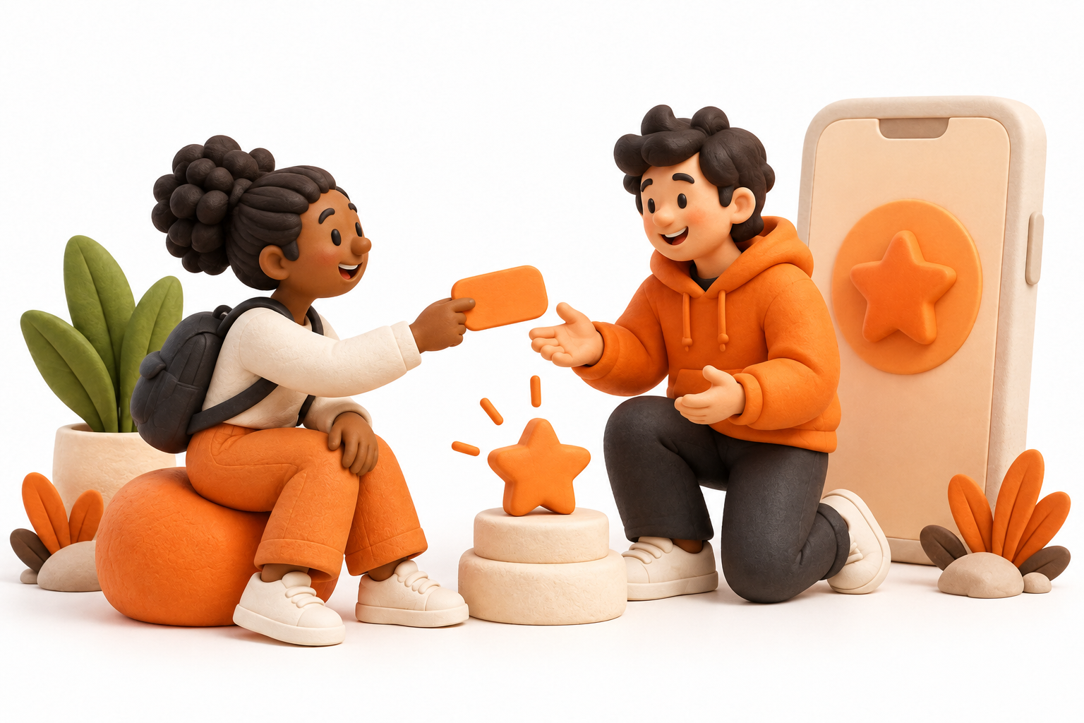 Banner: A tester hands a blank orange feedback card to an app builder beside a cream phone and a modest orange star-shaped thank-you token.