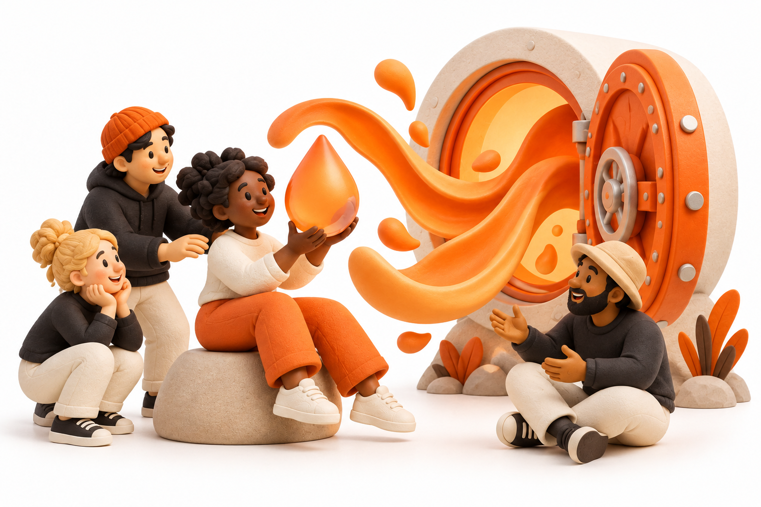 Banner: A cream vault releases a flowing orange ribbon around a liquid droplet token while a person keeps holding the token, symbolizing usable liquidity while staking.