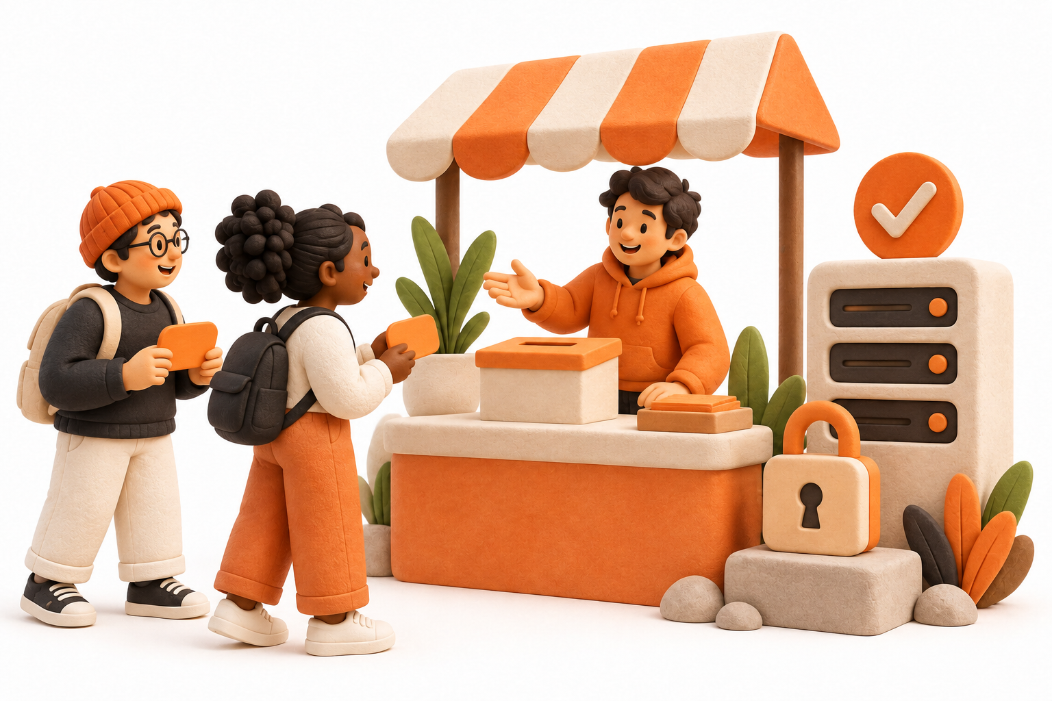 Banner: A guide welcomes two participants to a cream voting marketplace with a blank orange ballot card, a small lock and a validator server model.
