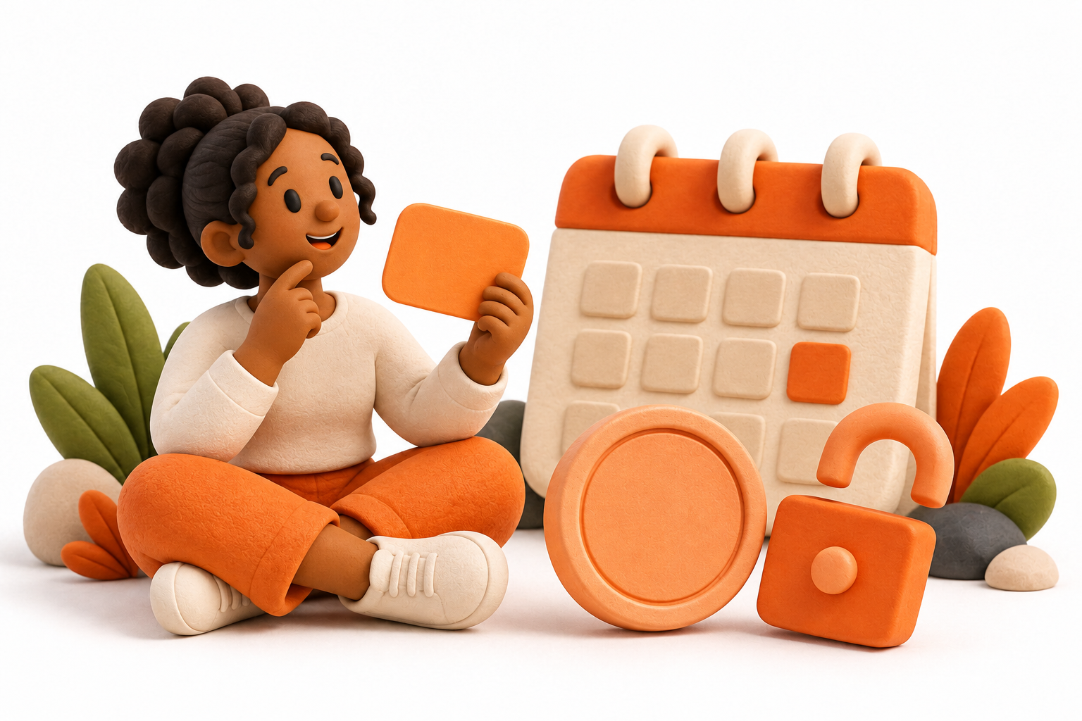 Banner: A person holds a blank orange option card beside a cream calendar block, a plain token disc and a small unlocked clasp, symbolizing choosing whether to exercise.