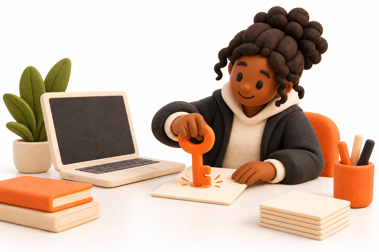 Banner: A developer at a cream laptop with a blank charcoal screen uses a sculptural orange key to stamp a blank message card; careful cryptographic signing.