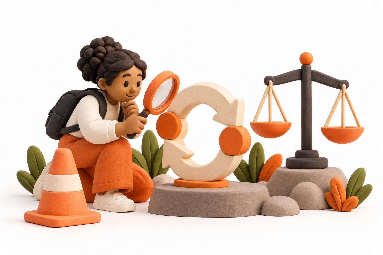 Banner: A careful participant studies a cream loop mechanism through a magnifying glass, with a peach caution cone and a balanced scale; composed, thoughtful risk review.