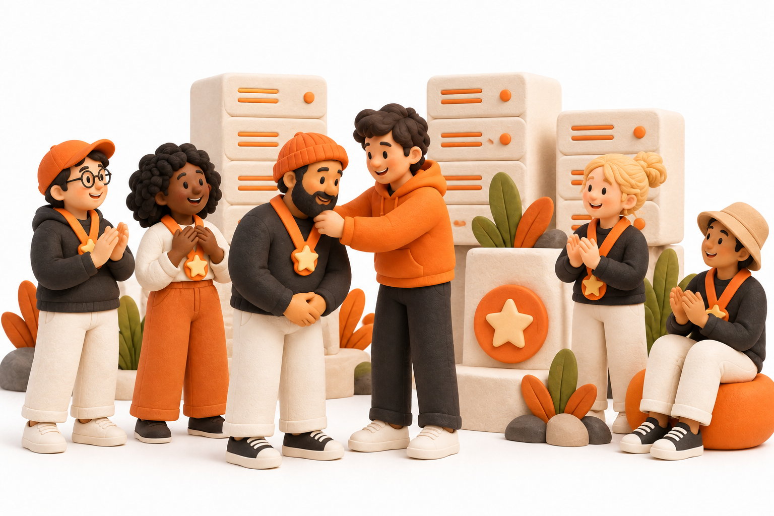 Banner: A group of attentive validator operators is recognized with modest orange star medallions beside cream servers, focusing on contribution and eligibility.
