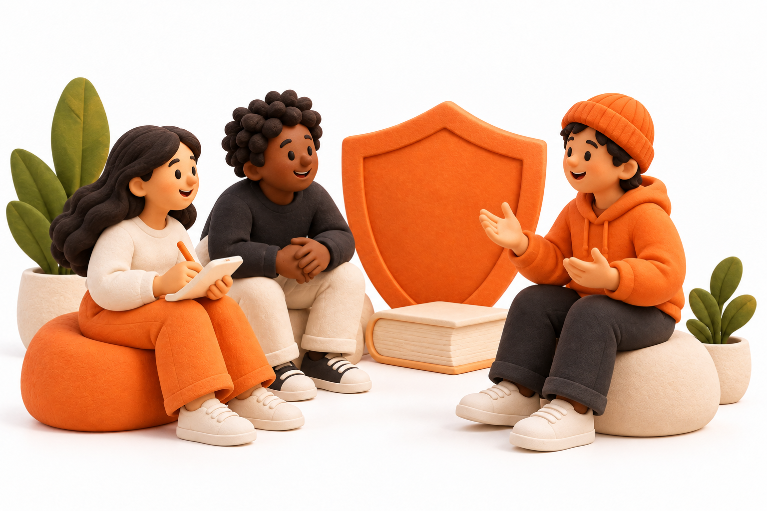 Banner: Two approachable community helpers calmly listen to a third member beside a plain orange shield and a cream book.
