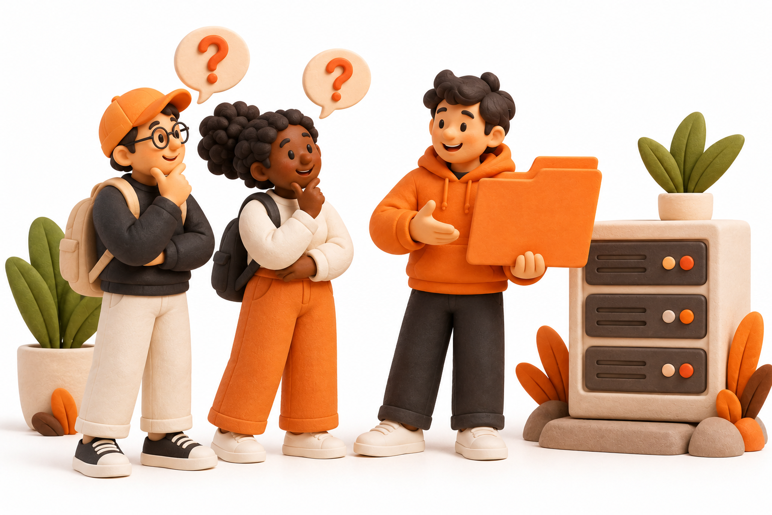 Banner: Two applicants ask an approachable reviewer about a blank orange application folder beside a tidy server miniature.
