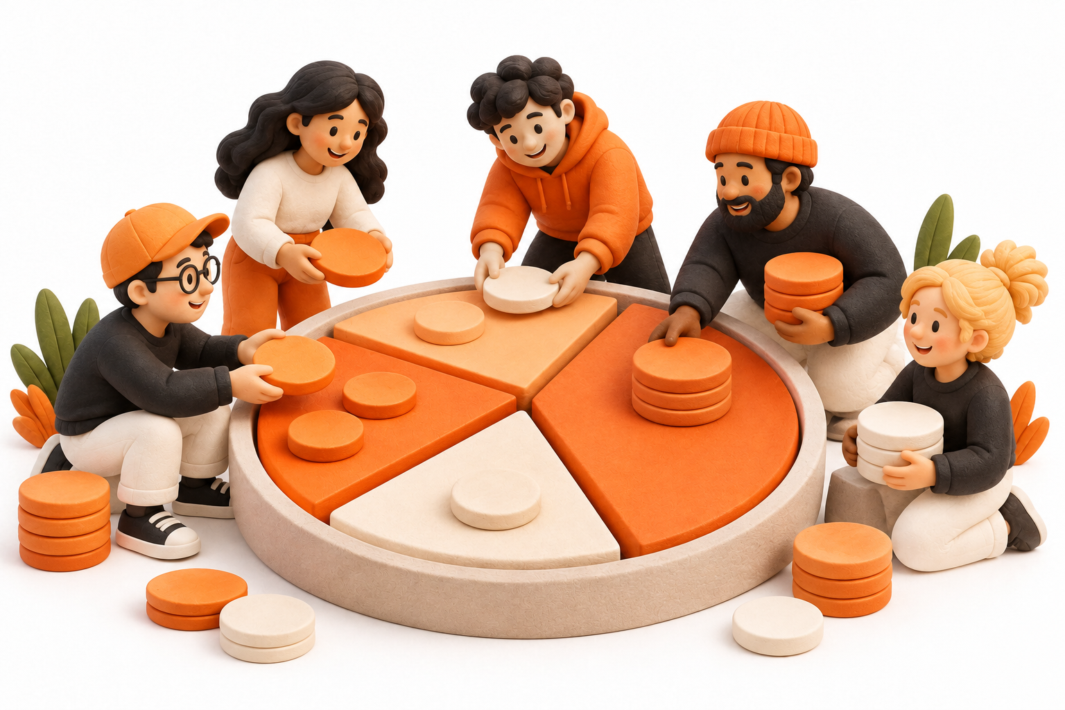 Banner: A sculptural circular tray divided into differently sized orange and cream wedges, with tiny people thoughtfully arranging plain token discs among the wedges.