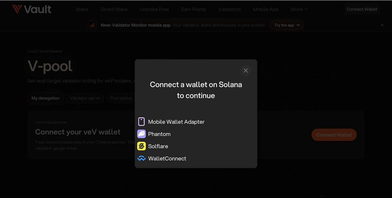 The wallet picker opened from My delegation.