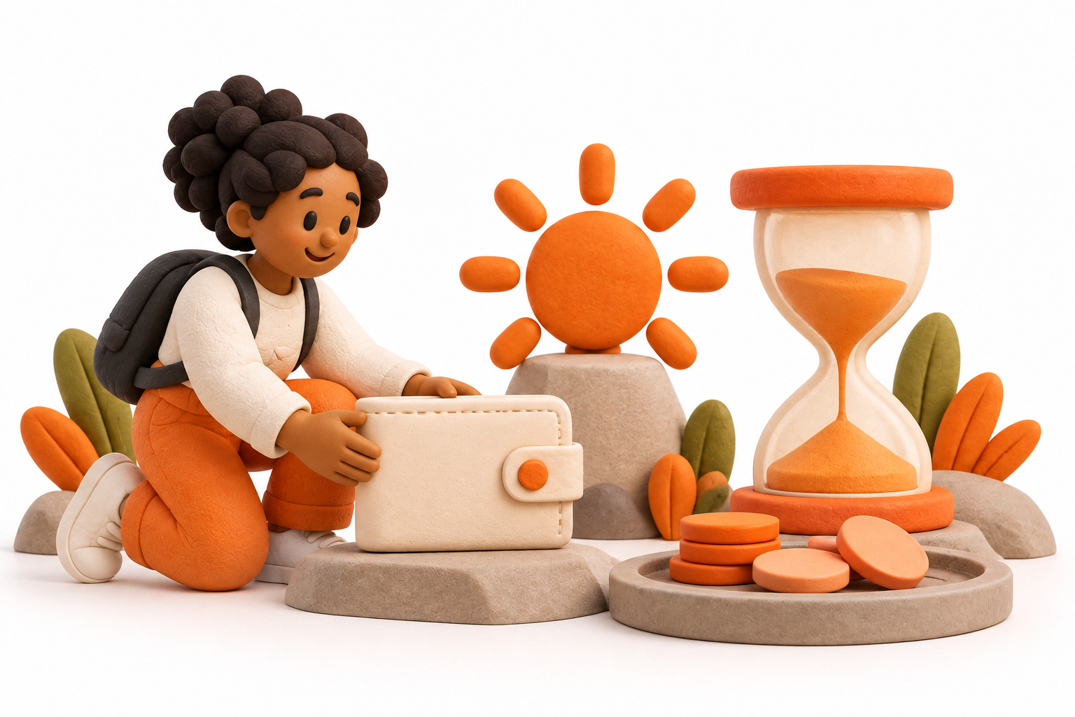 Banner: A participant sets a cream wallet beside a small orange sun sculpture and a cream hourglass, with plain tokens waiting on a rounded tray.