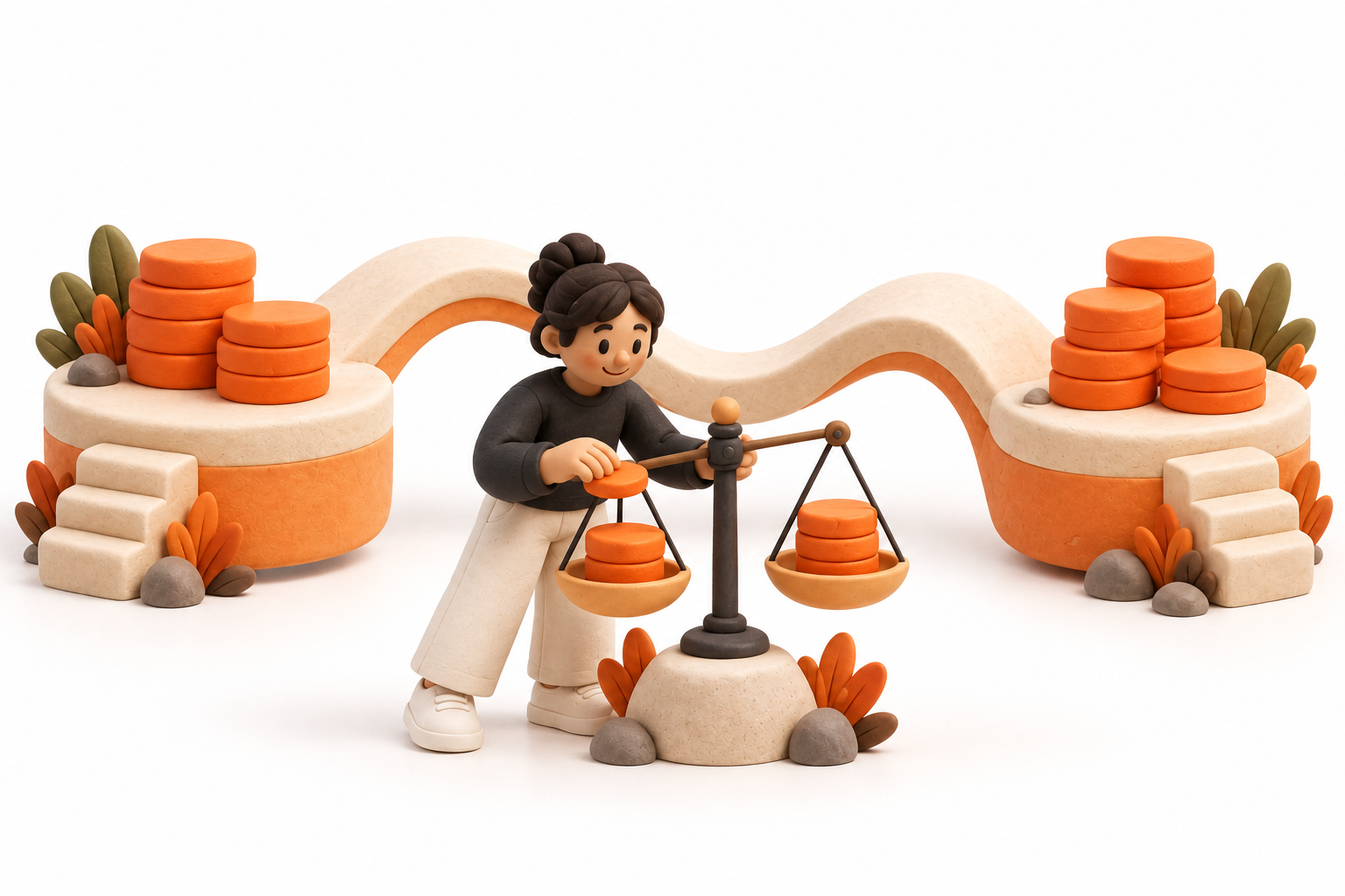 Banner: A sculptural cream loop bridge links two rounded platforms holding orange token discs, with an attentive operator balancing a small scale in front.