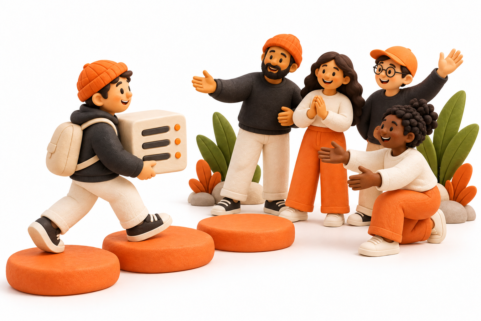 Banner: A new server operator carries a cream server cube along three broad orange stepping stones toward a welcoming circle of operators.