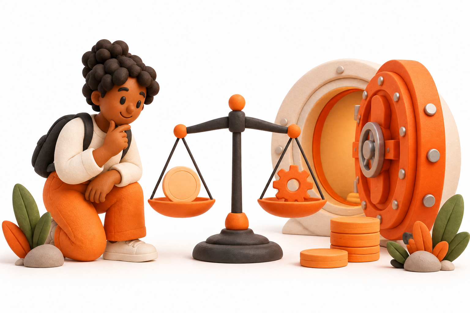 Banner: A person examining a modest balance scale holding a plain token disc and a small service gear, beside a cream vault miniature.