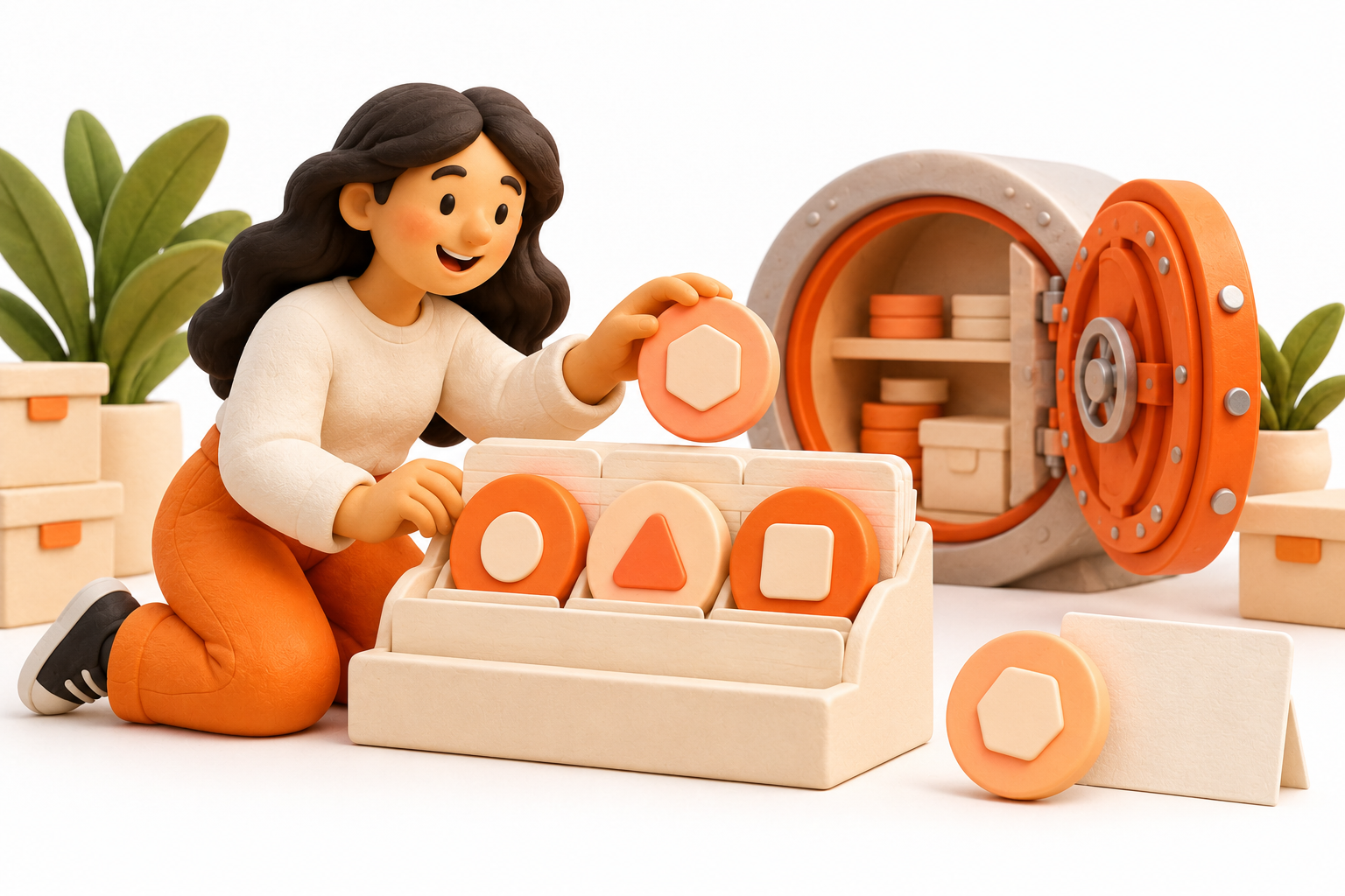 Banner: A clay archivist organizes orange and cream token discs in a card catalog beside a small open vault.