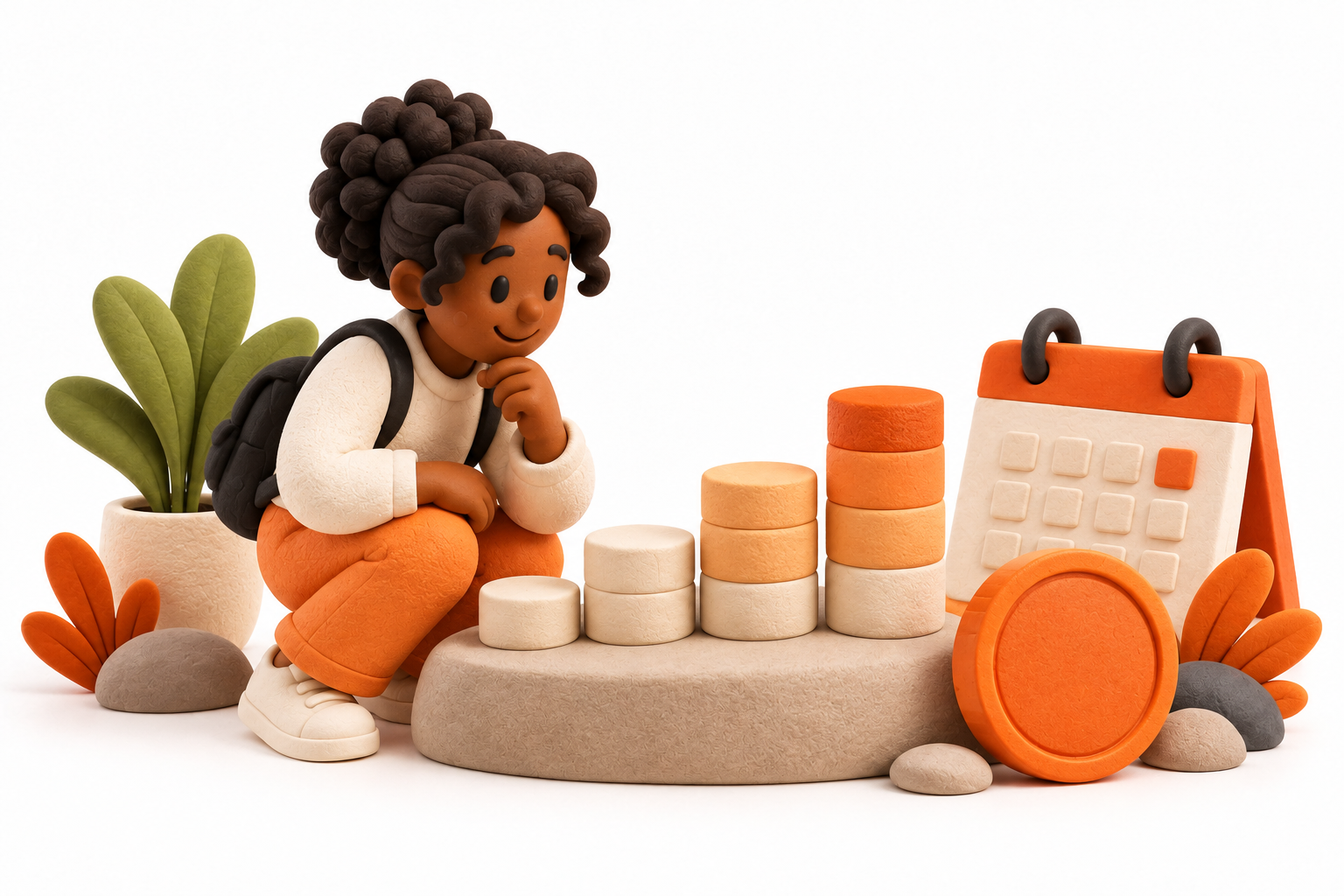 Banner: A careful staker studies a small cream growth-ring sculpture beside an orange token and a calendar tile, showing returns measured over time without upward arrows or guaranteed gains.