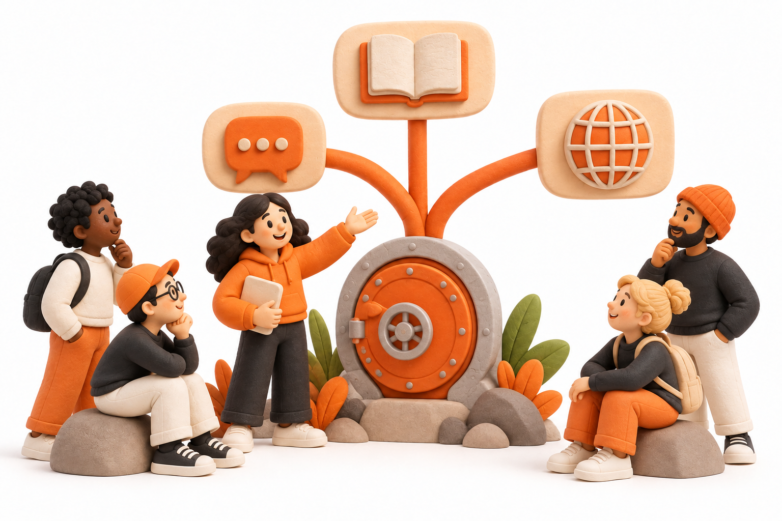 Banner: A friendly guide at a branching orange signpost with blank rounded signs connecting a vault-shaped hub to small book, chat bubble and globe sculptures.