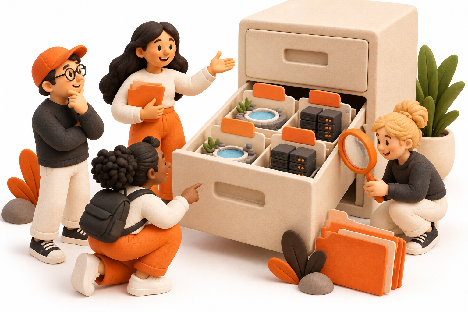 Banner: A guide opens a cream filing cabinet containing miniature pool and server models, with blank orange index tabs and a magnifying glass.