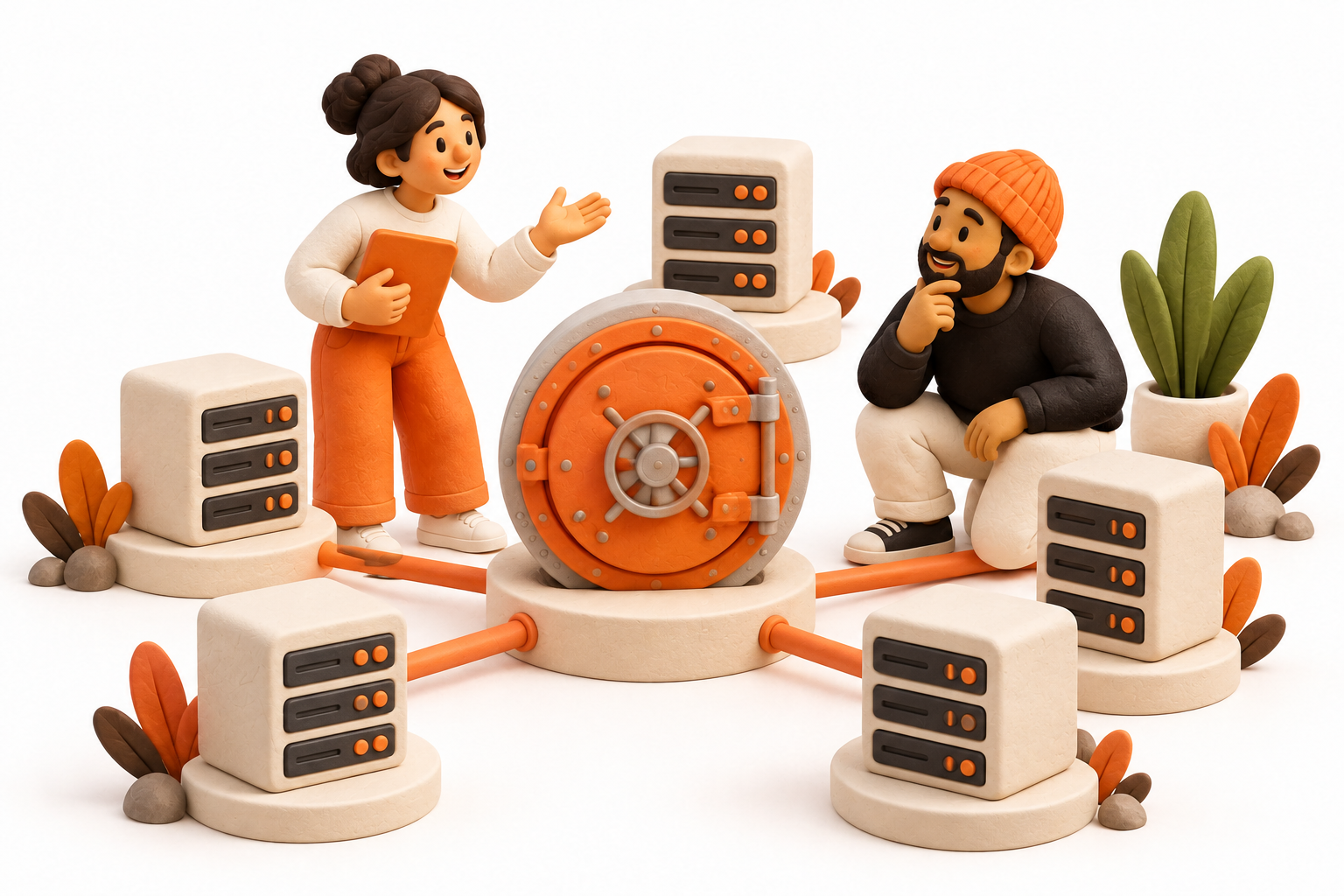Banner: A guide and validator operator converse over a small branching model that connects a central vault to several server towers.