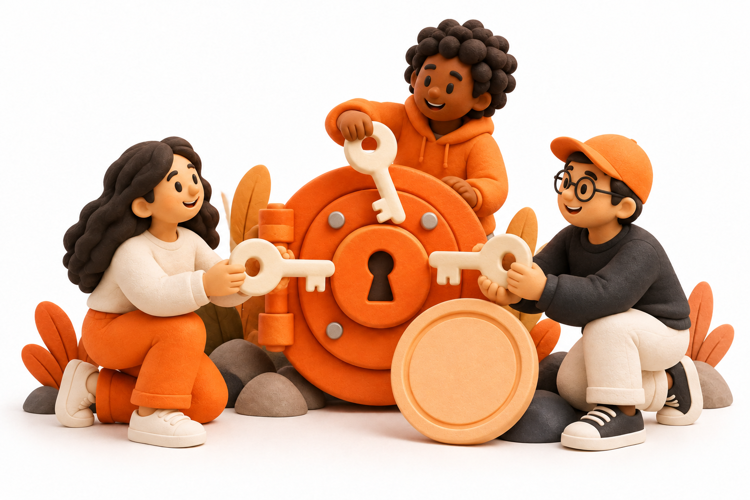 Banner: Three collaborators each hold a different cream key around a small orange vault lock and a plain token disc, showing shared approval.