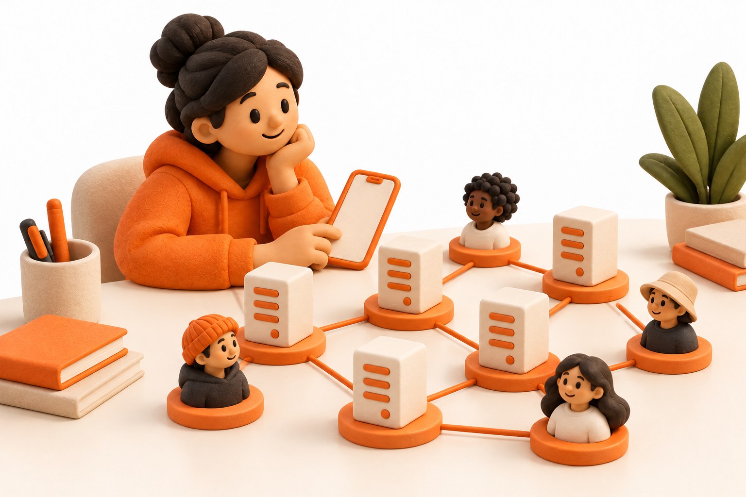 Banner: An operator surveys a miniature validator network from a broad cream desk with a blank orange-accented phone and neat server models.