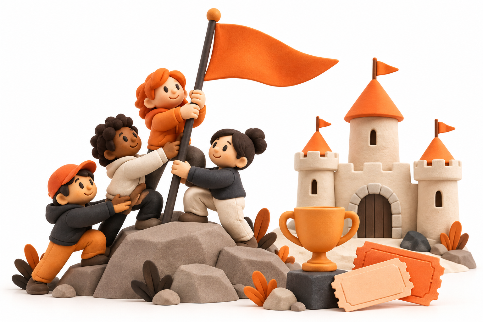 Illustration of squad members raising an orange flag together beside a castle, trophy and raffle tickets.