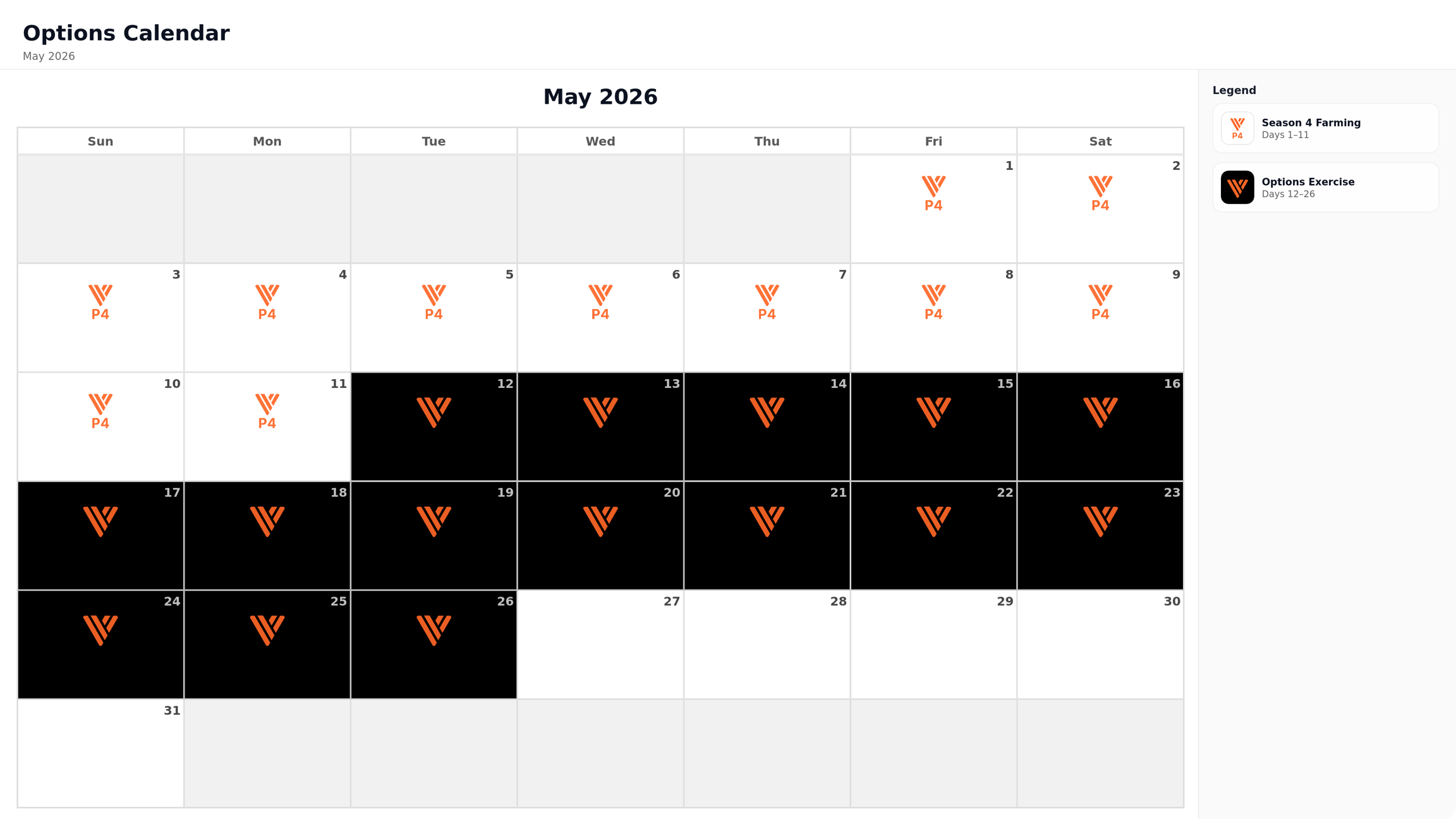 Options calendar for May 2026