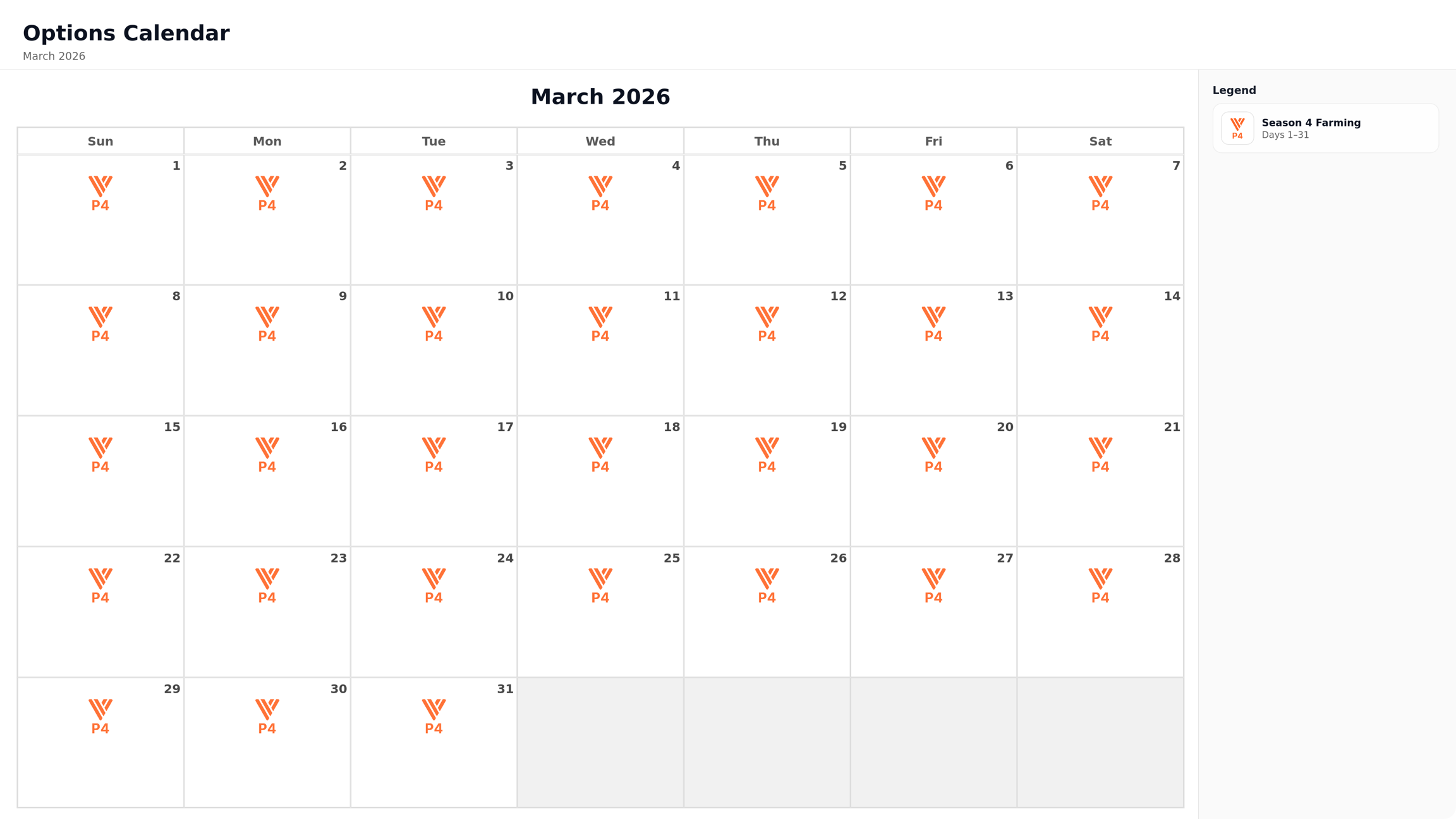 Options calendar for March 2026