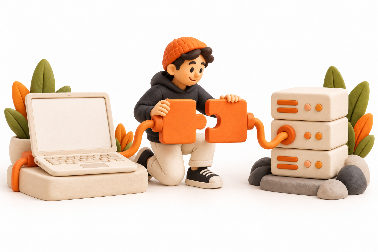 Banner: A developer joins two orange puzzle connectors between a cream laptop with a blank screen and a small validator server, representing a staking API integration.