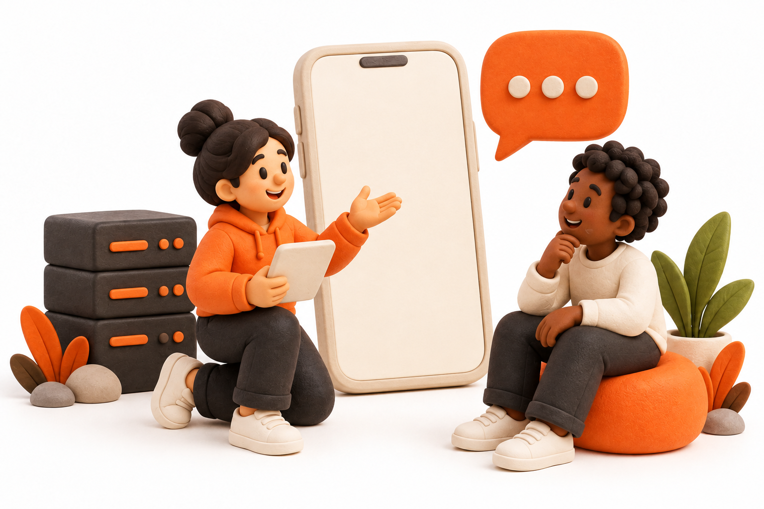 Banner: A guide and app user converse beside a cream smartphone with a blank screen, a small server and an orange speech bubble.