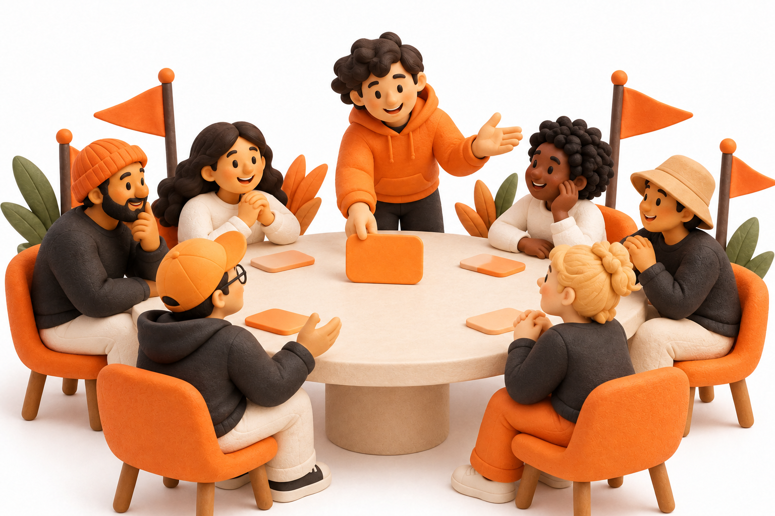 Banner: Representatives from several small teams sit around a round cream council table, listening to a standing representative who sets a blank orange proposal card in the center; small plain orange squad pennants beside the table suggest representation.