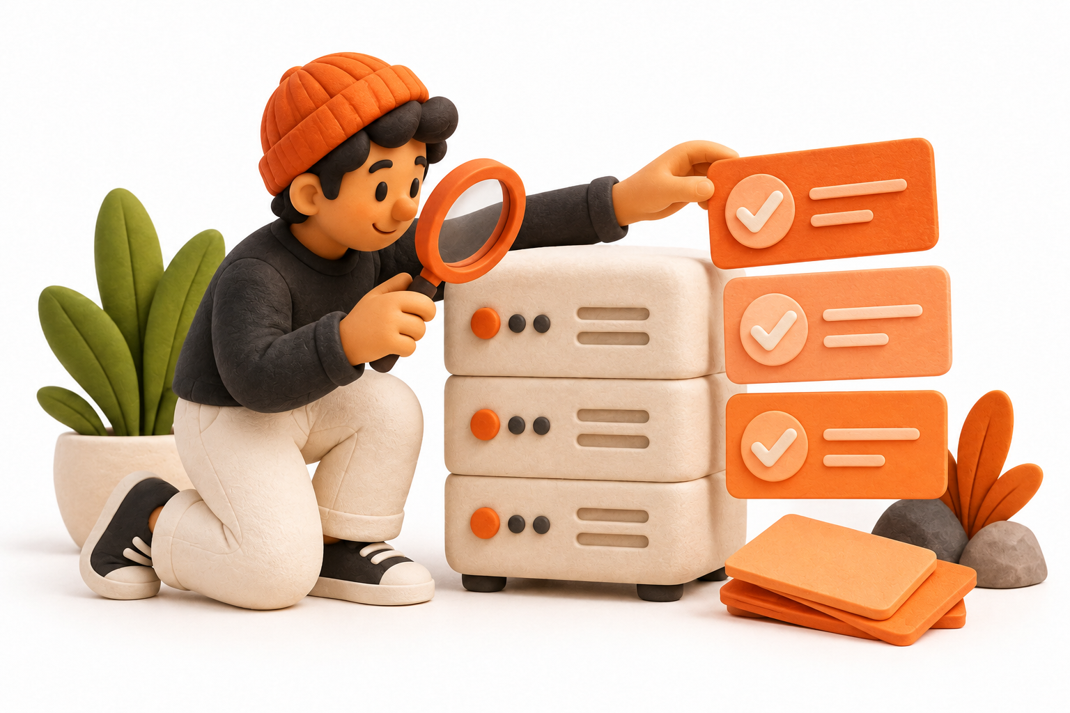Banner: A careful reviewer inspects a cream validator server and arranges blank orange checklist cards beside a magnifying glass.