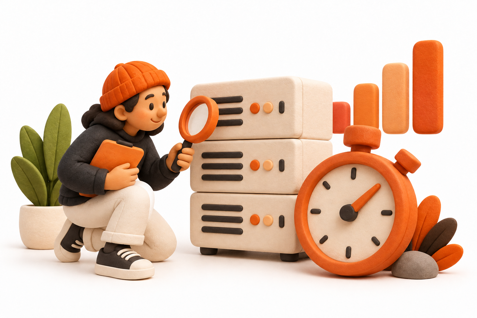 Banner: An operator inspects a cream server tower with an orange stopwatch and an abstract rhythm of rounded status bars, no numeric chart.